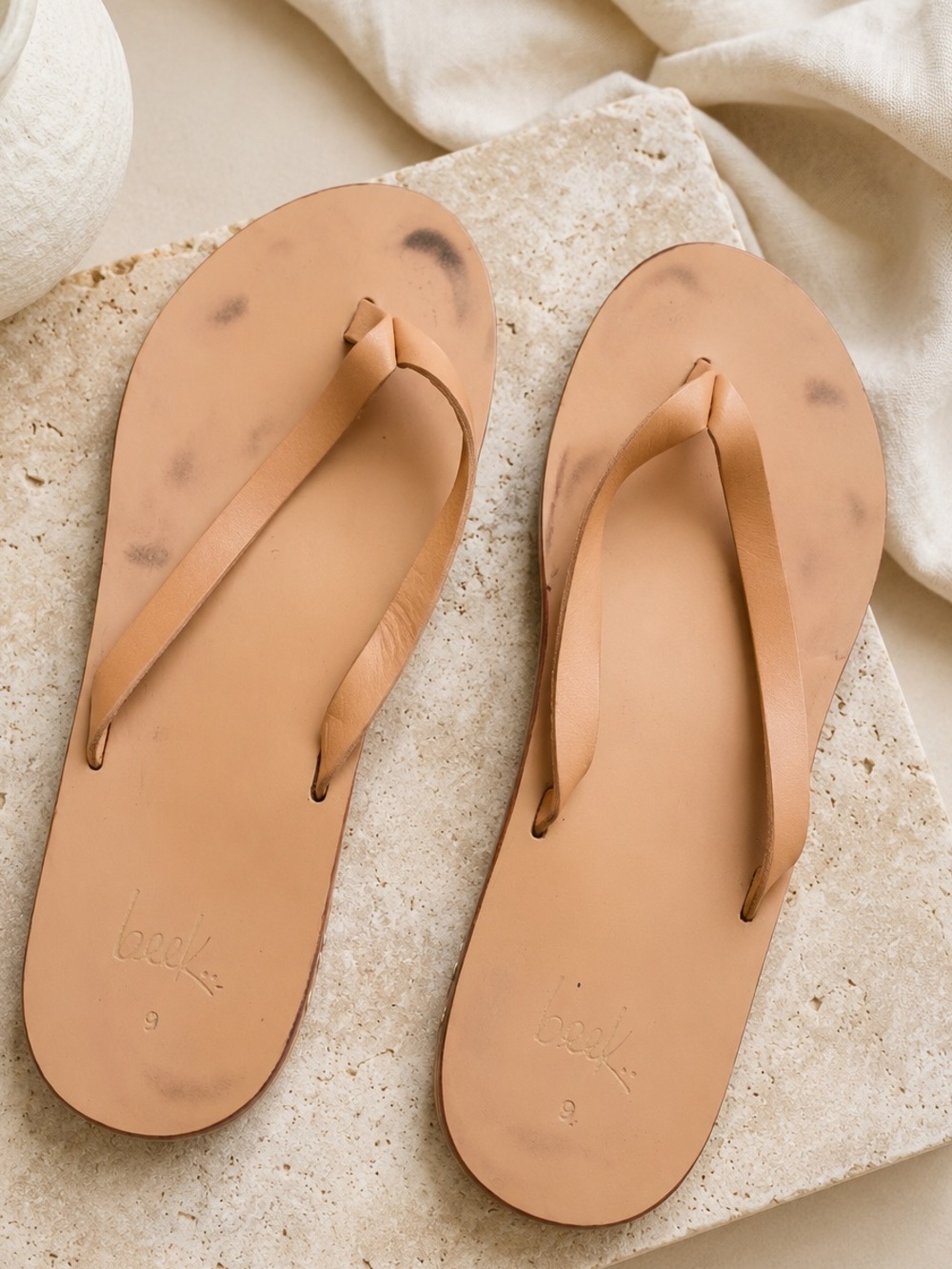 Beek Leather Thong Sandals Women’s Sz 9 Tan Nude Handmade Minimalist Flip Flops